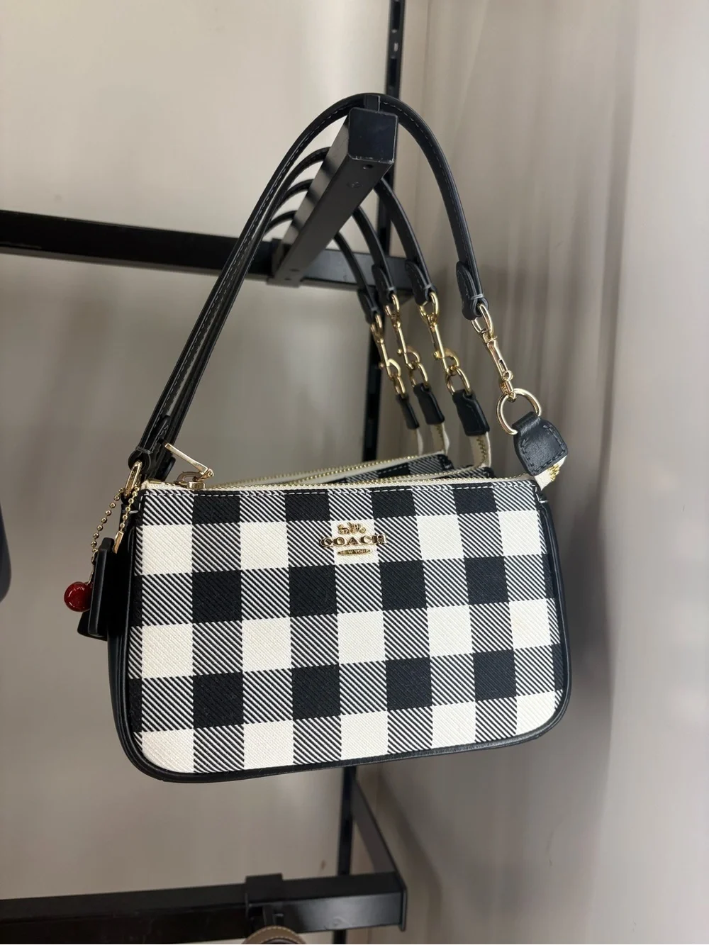 Coach Black & White Buffalo Check Shoulder Bag with Gold Hardware